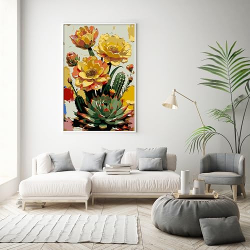 Framed Paint by Numbers Kit for Adults Beginner & Kids Ages 8-12, Flowers Plant Paint by Numbers with frame, without Easel, DIY Acrylic Number Painting for Adults for Home Decor Gift 8 x 12 Inch - color: DG-OP-F-CactusFlower-2030