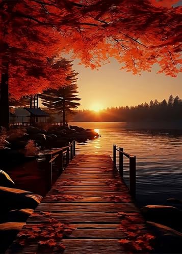 Fall Landscape Sunset Bridge Diamond Art Kits for Adults, 5D Diamond Painting Kits for Adults Beginners, DIY Full Round Drill Diamond Dot Painting Gem Art Kits for Adult, Home Wall Decor 11.8x15.7 In - color: NZ70