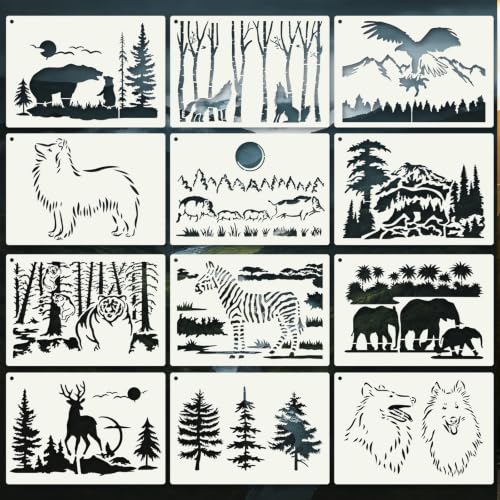 Animal Stencils for Crafts Reusable 12Pcs Stencils(8.2X5.8 Inch) | DIY Art Painting Stencil Furniture Decor Kit for Wood Embroidery Wall Silk Screen Journaling - color: Animal 2