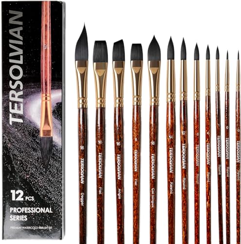 Watercolor Brushes, 12PCS Synthetic Squirrel Hair Paint Brushes | Professional Grade, Pointed Rounds, Flats, Dagger and Oval Wash Cat's Tongue for Watercolor Gouache Inks Painting