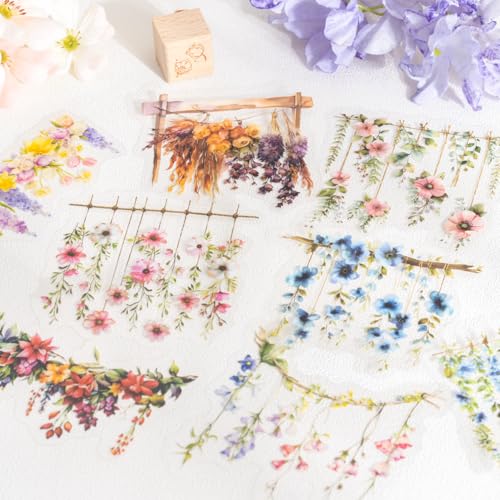 60 Pcs Hanging Floral Stickers for Scrapbooking and Journaling | PET material with hanging flowers and trailing vines for junk journals, collage, planners, card making and DIY crafts - color: Bloom Time