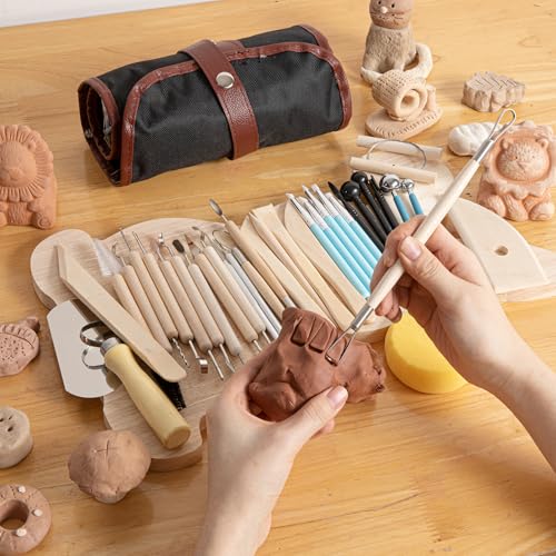 UUSYCUN 36PCS Pottery & Clay Sculpting Tools, Ceramics Polymer Tools Set, Clay Modeling Tools with Case for Air Dry Clay, Carving, Molding, Pottery Wheel, Crafting Supplies, Pros, Beginners, Adults - color: Wood-36PCS