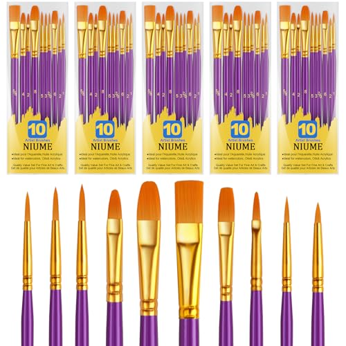 Acrylic Paint Brushes Set, 50Pcs Round Pointed Tip Artist Paintbrushes for Acrylic Painting Oil Watercolor Canvas Boards Rock Body Face Nail Art, Halloween Pumpkin Ceramic Crafts Supplies，Purple - color: Purple, size: 5 Pack