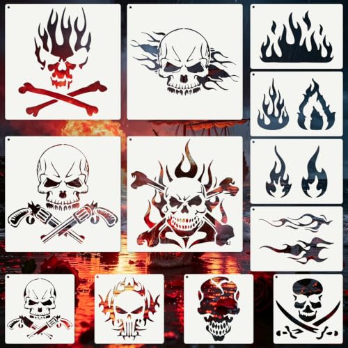 Skull Pirate Flame Stencils for Crafts Reusable 12Pcs Art Painting Stencil - color: Skull 4