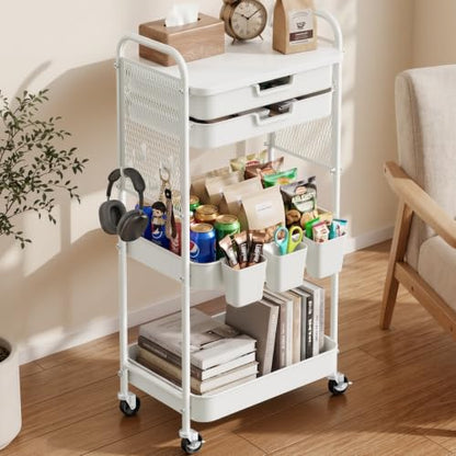 3 Tier Rolling Cart with 2 Drawers, Metal Utility Storage Carts with Wheels | Kitchen Rolling Cart 4.5" Deep Basket, Mesh Side Panel with 3 Cups, 4 Hooks for Office, Bedside, Craft Storage Cart - color: White