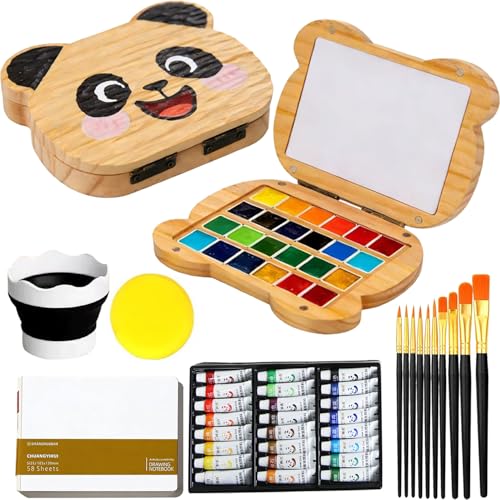 Mini Watercolor Paint Travel Set Palette Acrylic Paint 24 Colors | Panda Pocket with 24 Colors，Acrylic Brush Kit，Wooden Palette，Sketchbook，Folding Water Cup for Kids Painters Students - color: 24 Grids