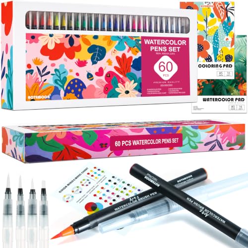 60 PCS Watercolor Pens Set with 52 Vivid Colors, Real Brush Tip Markers | Art Supplies Gift Set with 52 Watercolor Brush Pens, 4 Blender Pens, Watercolor & Coloring Pad for Beginners Students Adults