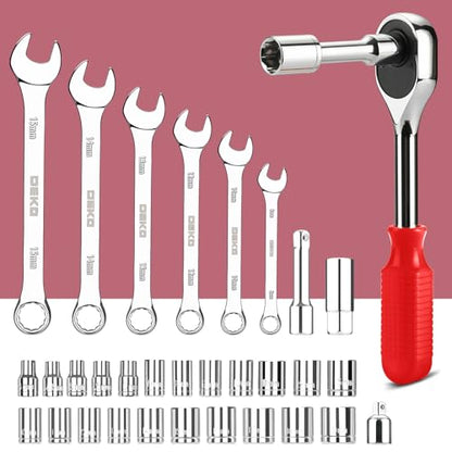DEKOPRO Tool Set:228 Piece Home Tool Kit, Household Basic Repair Tool Set Comes with Plastic Storage Case, Socket Wrench Set for Car-Red - color: Red
