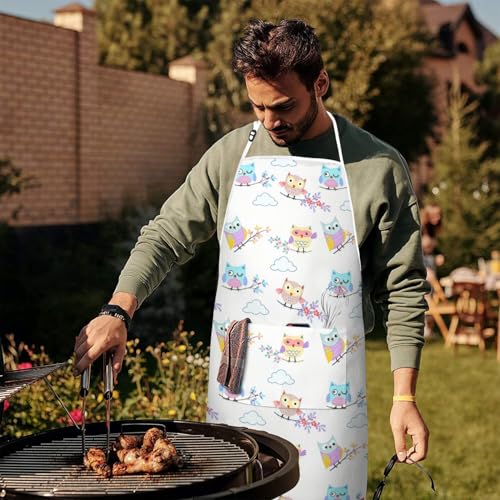 Apron with 2 Pockets,Kitchen Chef Artist Aprons for Cooking Gardening Baking Painting, Waterproof Apron 33" x 27" - color: Owl