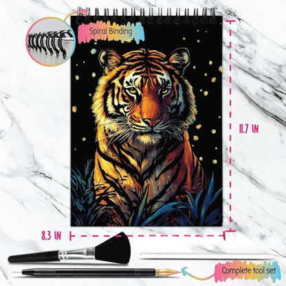 Scratch Art Book for Adults - Animal Series, 10 Rainbow Art and Crafts for Adults | Adult scratch art & foil art for adults kit | stress relief scratch painting, screen-free travel craft | scratch art adult - color: Animal Series