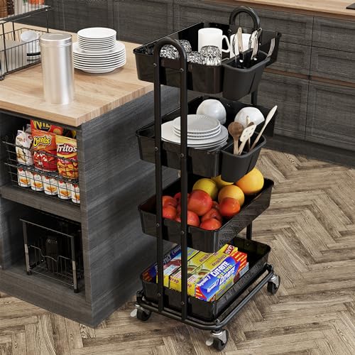 Simple Houseware 4-Tier Rolling Utility Cart with Hanging Bucket, Black - color: Black, size: 4-Tier