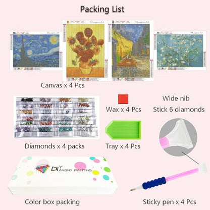 Muzagroo Art Van Gogh Diamond Painting Kits for Adults, DIY 5D Diamond Art Kits for Beginners, Starry Night Arts and Sunflower Crafts Diamond Art for Living Room, Kids Room 4 PCS Wall Art - color: 08-Van Gogh