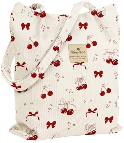 Miss Adola Corduroy Tote Bag for Women with Aesthetic Design | Magnetic Buckle & Pocket, Reusable, Soft, Roomy, Long Shoulder Handles, Double-sided Print, Casual Daily Work, Grocery Bags - color: Bow Cherry