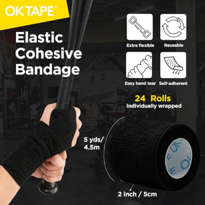 OK TAPE 24 Rolls Self Adhesive Bandage Wrap, Cohesive Elastic Athletic Tape - color: Black, size: 2 Inch-24 Pack