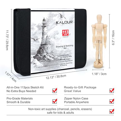 KALOUR 113PCS Drawing Set, Professional Sketching Kit with 3-Color Sketchbook,Graphite & Charcoal Pencils, Wooden Mannequin, Art Tools in Zipper Case, Art Supplies for Beginners & Artists Gift