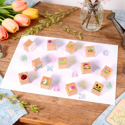 HOWAF 12pcs Spring Wooden Stamps, Hello Spring DIY Craft Rubber Stamps, Animal Daisy Flower Inking Stamp Pads Set, Butterfly Stamp Sunflower Inking Pads for Summer Party Supplies
