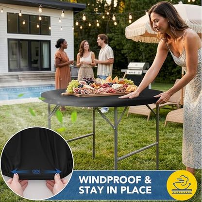 Round Fitted Tablecloth with Elastic-Black Spandex Table Covers 60 Inch | 2 Pack Spandex Stretch Windproof Washable Round Folding Banquet Tablecloths 5ft-Party Event Outdoor Wedding Trade Show Dining - color: Black, size: 60'' Round | 2 Pack