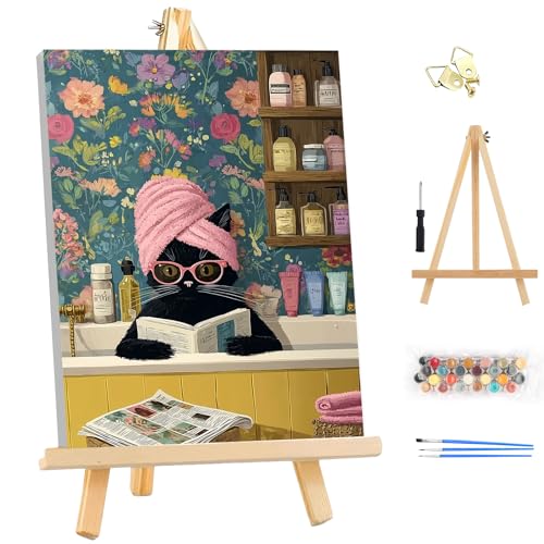 EOBROMD Framed Paint by Numbers Kits for Adults with Wooden Easel, Funny Cat DIY Paint by Numbers Kits for Beginner, Painting on Stretched Canvas, Oil Crafts Home Decor Gift 10x14 Inch - color: LG051