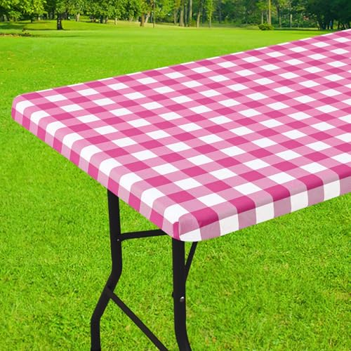 Smiry 4 Foot Picnic Table Cloth, Flannel Backed Fitted Vinyl tablecloths | Waterproof Elastic Rectangle Tablecloth ,Buffalo Plaid Table Covers for Dining, Camping (Hot Pink and White, 24" x 48") - color: Hot Pink and White, size: 48" x 24" (Rectangular)