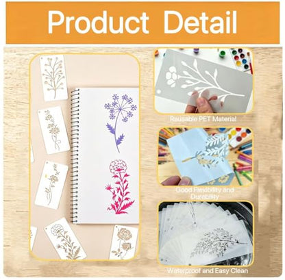 32 Pcs Wildflower Stencils for Painting on Wood, Reusable Flower Leaf Stencils, Plastic DIY Craft Drawing Templates Set for Wall Paper, Canvas, Rock Art and Home Furniture Decor