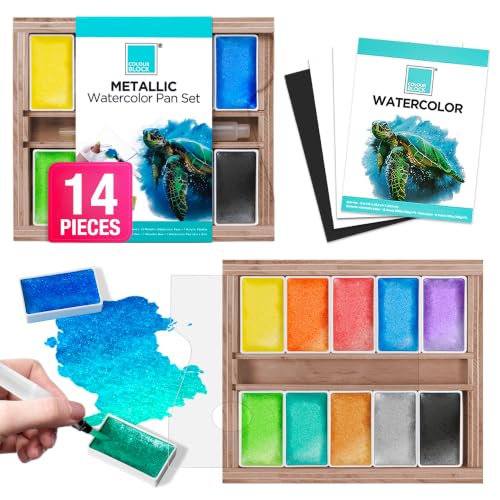 COLOUR BLOCK 14-Piece Metallic Watercolor Paint Set, 10 Full-Pan Metallic Colors, Shimmer Paints, Water Brush Pen, Palette, Paper & Portable Wooden Box — Professional Quality for Students, Beginner Artists, Kid, and Adult. Ideal Gift Choice - size: 14 Pie