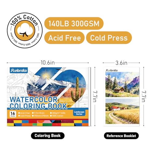 FLUNBRATO Watercolor Coloring Book with Reference Booklet,16 Sheets 10.6 x 7.7 inch 100% Cotton Cold Press, Beginner Friendly Stress Relief Watercolor Paper Book for Adult-Landscape - color: Landscape