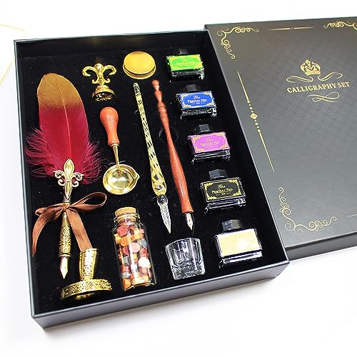 Quill Pen Ink Set,includes gold quill pen,wooden dip pen,glass dip pen,5 bottles ink,17 Replaceable Nibs,1 bottle of wax,spoon,wax sealing stamp,candle,pen holder, Cup. (Red)