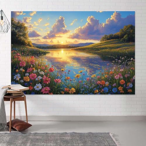 5X3ft Lake Natural Scenery Backdrop Spring Natural Scenery Flowers Landscape Mountain Forest Trees Blue Sky Sunset Photography Background Picnic Camping Hiking Spring Travel Vacation Backdrop - color: Red, size: 5x3FT