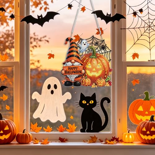 CEOVR Halloween Hanging Diamond Art for Adults, Gnome Pumpkin Diamond Painting Pendant, DIY Special Shape Gem Art Window Ornament, Acrylic Home Wall Decor with Chain, Box Kit 7.67×7.87inch - color: 6-Halloween