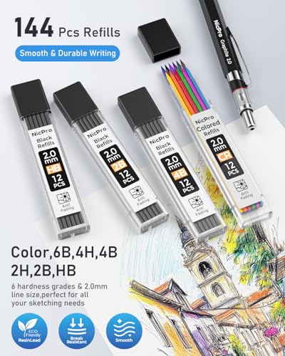 Nicpro 2mm Metal Mechanical Pencil Set with Case, 3PCS | Lead Pencil Holder 2.0 mm+144PCS Lead Refills (4H 2H HB 2B 4B 6B Color), 2mm Pencils for Drafting Writing Drawing Sketching - size: 3 Pack