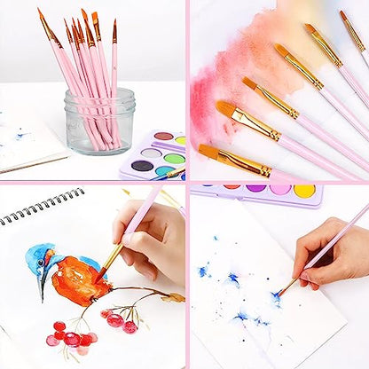 AROIC Acrylic Paint Brushes, 6 Packs/60 pcs Nylon Hair Paint Brush Set | All Purpose Oil Watercolor Painting Artist Professional Kits (Pink) - size: 60pcs-pink