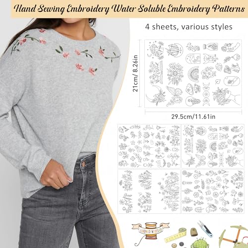 Stick & Stitch Embroidery Designs - Embroidery Paper Wash Away, 4 Sheet Water Soluble Stabilizer for Embroidery, Flower Mushroom Leaves Butterfly Moon Design, Suprise for Hand Sewing Lover - style: flower 1303