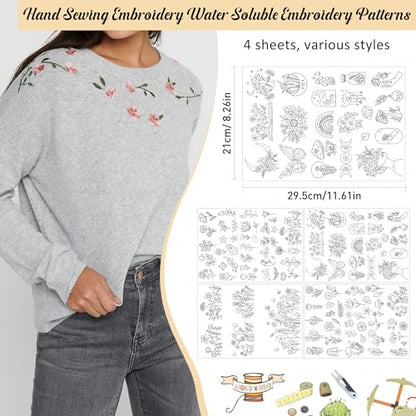 Stick & Stitch Embroidery Designs - Embroidery Paper Wash Away, 4 Sheet Water Soluble Stabilizer for Embroidery, Flower Mushroom Leaves Butterfly Moon Design, Suprise for Hand Sewing Lover - style: flower 1303