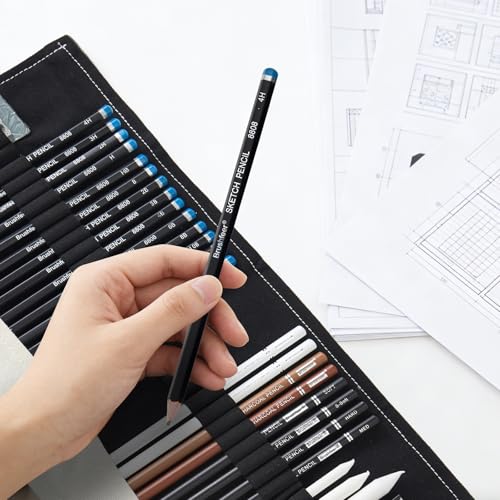 Professional Sketching Pencil Set with Full Hardness Range (3H–14B) – Graphite & Charcoal Pencils with Portable Canvas Pouch