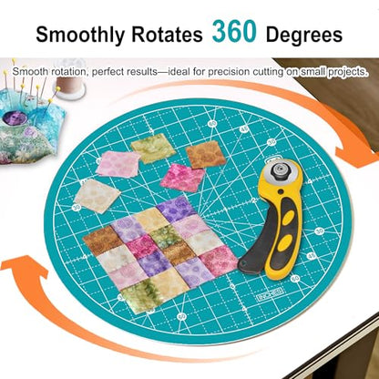 10"x10" Round Rotating Cutting Mat, Self Healing Mat with 360-Degree Rotation & Anti-Slip Base, Sewing Board Cutting Mat Perfect for Fabric Quilting Leather Hobby Project, Turquoise - color: Turquoise, size: 10"L x 10"W