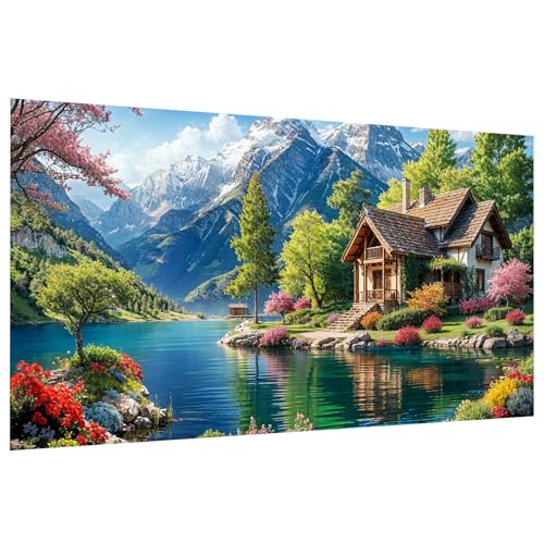JOOZ Large Landscape Diamond Art Kits for Adults - 5D Extra Large Lake House Diamond Painting, DIY Full Drill Mountain Landscape Diamond Art Painting Kits, Gem Art Kits for Wall Decor 27.5x15.7 Inch - color: Lake House 037