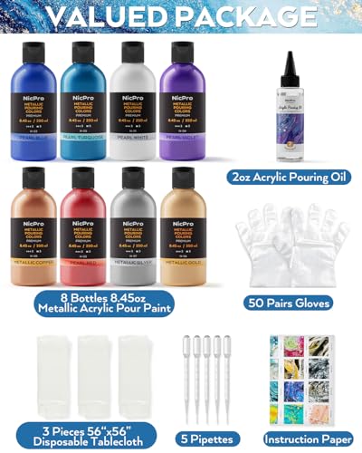 Nicpro 8 Colors 8.45oz Large Volume Metallic Acrylic Pour Paint Kit - color: 8 Colors