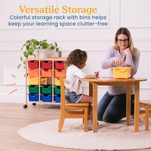 ECR4Kids 15-Bin Mobile Organizer with Shelf, Removable Bins, Sand/Assorted | Durable plastic bins, steel frame, GREENGUARD Gold Certified, 75 lb capacity, rolling casters, craft supplies, classroom/home