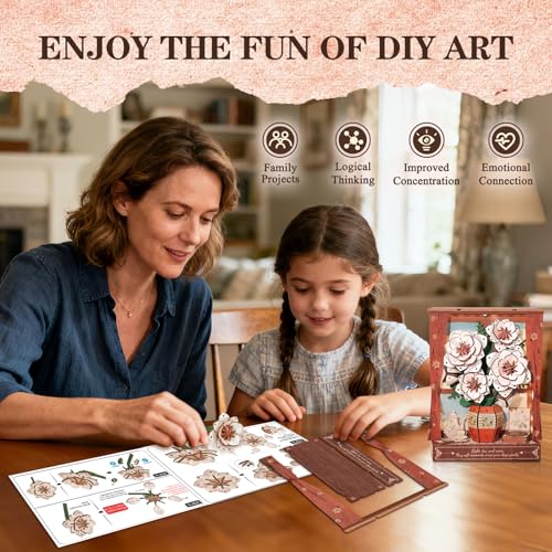 3D Puzzles for Adults Pink Roses Wooden Bloom Craft with LED Light - color: Pink Roses