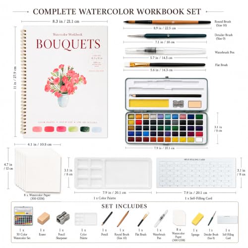 Drawmend Watercolor Paint Set & Workbook for Beginners, 50 Colors, 4 Brushes, 12 Step-by-Step Projects, 300 GSM Paper, 11 x 8.3 in Lay-Flat Book for Adults,Creative Art Gift (Bouquets, with Palette) - color: Bouquets, size: With Palette