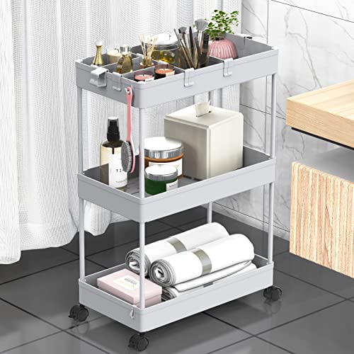 SPACELEAD 3 Tier Rolling Cart with Wheels, Storage Craft Art Trolley Organizer Serving, 3 Hanging Baskets Easy Assembly, for Office, Living Room, Kitchen, Gray - color: Gray