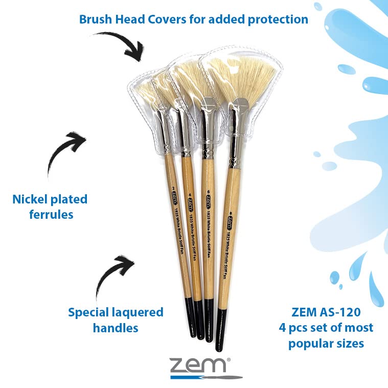 ZEM Brush White Hog Bristle Stiff Fan Brush Set Size 2,4,6,8