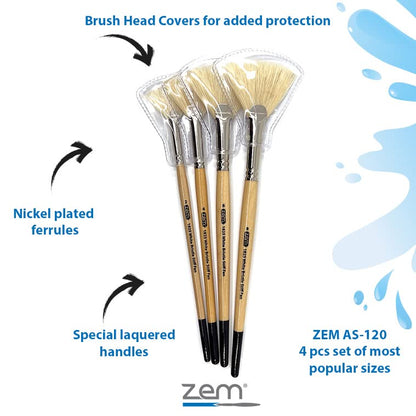 ZEM Brush White Hog Bristle Stiff Fan Brush Set Size 2,4,6,8