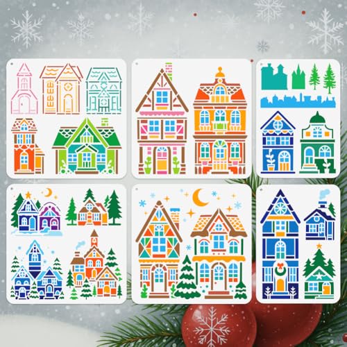 6Pcs Christmas House Stencils for Painting, Reusable Pine Tree Stencil Drawing Templates, House DIY Craft Paint Templates for Wall Home Decor Wood Burning Canvas Fabric Window - style: Christmas House