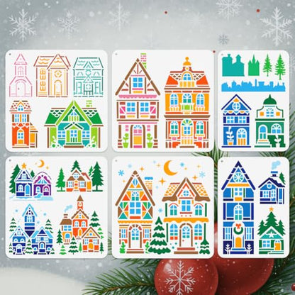 6Pcs Christmas House Stencils for Painting, Reusable Pine Tree Stencil Drawing Templates, House DIY Craft Paint Templates for Wall Home Decor Wood Burning Canvas Fabric Window - style: Christmas House