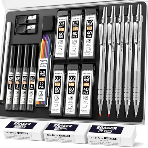 Nicpro 22PCS Metal Mechanical Pencil Set in Case for Drawing Writing | Art Drafting Pencil 0.5, 0.7, 0.9 mm & 2 PCS 2mm Drawing Pencils with 396PCS Leads (4B 2B HB 2H Colored) for Sketching - color: Silver, style: 0.5 0.7 0.9 2.0