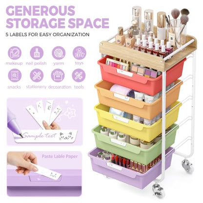 SYKIARIOL Utility Cart with 5 Labeling Drawers and Wooden Tabletop - color: Jelly Bean Color, size: 5-Drawer