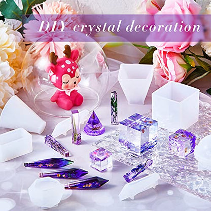15 Pieces Crystal Resin Molds Pendulum Silicone Crystal Molds Include Pyramid, Round Cone, Sphere, Triangular Cone, Multi-Facet Gemstone Cube Resin Holder for Jewelry Making