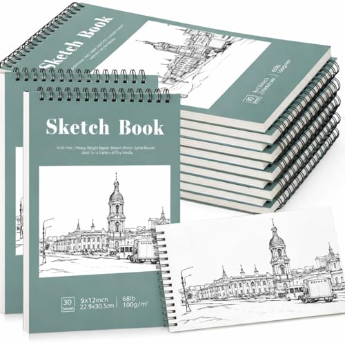 12 Pack Sketch Books 9 × 12 in, Top Spiral, 30 Sheets, Acid Free Paper - color: Light Cyan, size: 9 × 12Inch（12 Pack）