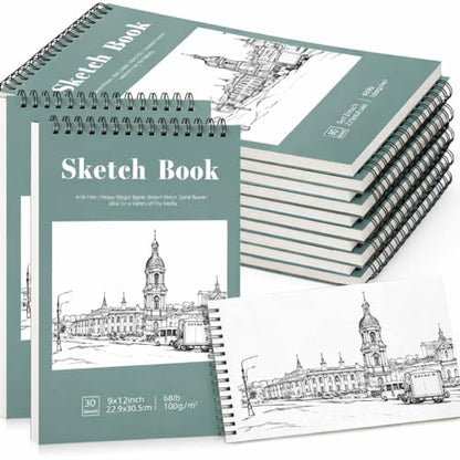 12 Pack Sketch Books 9 × 12 in, Top Spiral, 30 Sheets, Acid Free Paper - color: Light Cyan, size: 9 × 12Inch（12 Pack）